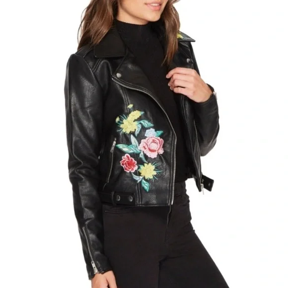 Romeo & Juliet Couture small Moto jacket black Faux Leather embroidered flowers - Picture 12 of 16
